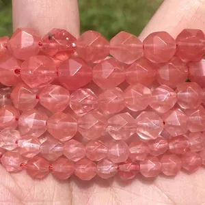 Macro detail of faceted pink rose quartz beads with diamond cut for DIY jewelry making