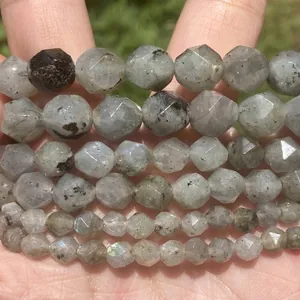 Macro view of faceted natural labradorite gemstone beads for DIY jewelry making projects