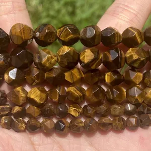 Close-up of faceted natural tiger eye stone beads showing rich golden brown textures.