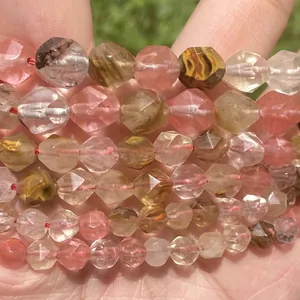 Macro view of faceted rose quartz and chalcedony beads for DIY jewelry making.