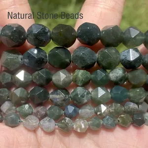 Macro view of natural faceted green moss agate stone beads for DIY jewelry making