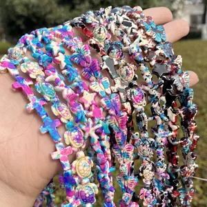Detailed view of colorful camouflage patterned stone beads in various shapes