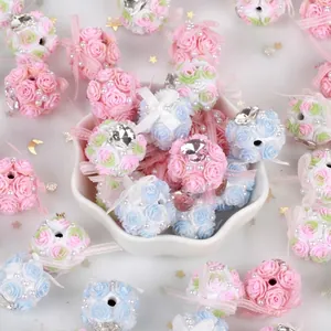 Handmade multi-colored polymer clay rose flower ball beads with rhinestones for DIY jewelry crafts