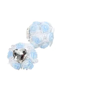 Light blue rose flower ball bead with heart crystal and pearl accents for DIY crafts