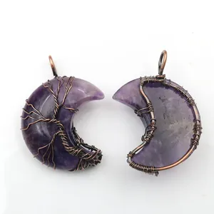 Vintage handmade amethyst crescent moon pendant with copper tree of life wire wrap detail