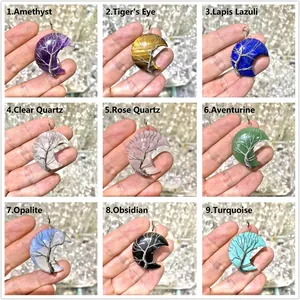 Handmade Natural Stone Moon Tree Of Life Pendant Necklace Wire Wrapped Crystal Amethyst Tiger Eye Lapis Lazuli Jewelry For Women