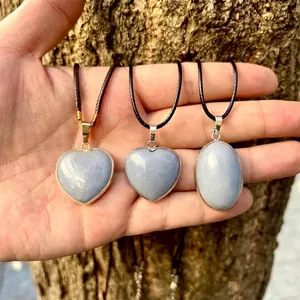 Natural Angelite Stone Heart Oval Pendant Necklace Gold Silver Plated Metal Wrap Healing Crystal Jewelry Gift For Unisex