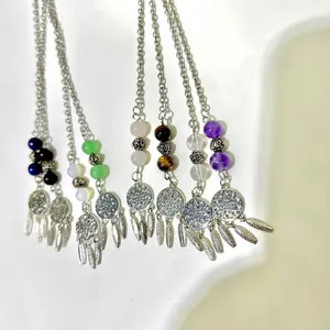 Close-up of bohemian dreamcatcher pendants featuring various natural crystal beads.