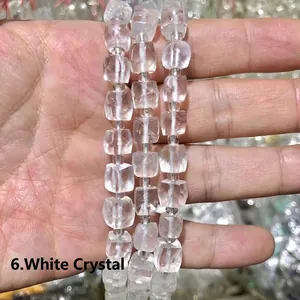 Detail of natural clear quartz faceted sugar cube beads for DIY jewelry making.