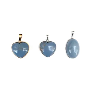 Natural blue angelite crystal pendants in heart and oval shapes with polished finish