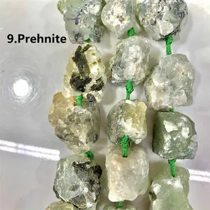 Macro detail showing texture of irregular raw natural prehnite stones on green string