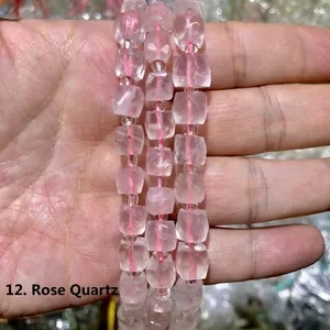 Macro detail of faceted pink rose quartz sugar cube loose beads for DIY jewelry making