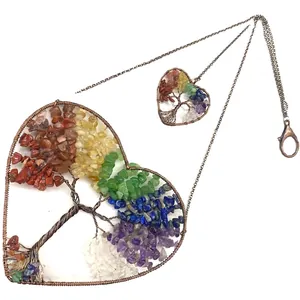 Handmade heart-shaped Tree of Life wire-wrapped crystal stone hanging ornament decor