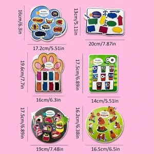 Zes kleurrijke sets cartoon PET-plaknotities met gedetailleerde maten op roze.