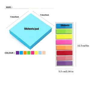 Detailansicht blaue 3x3in Haftnotizen und fluoreszierende PET-Index-Tabs mit Maßen