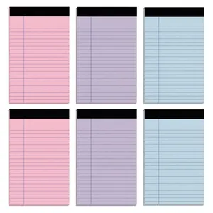 Collection de six blocs-notes lignés colorés dans les tons rose, violet et bleu.