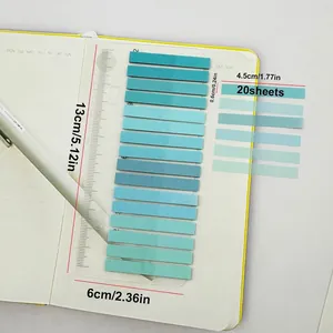 Macro view of slim waterproof PET gradient index tabs on a notebook page with ruler