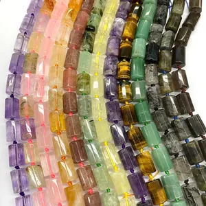 Macro detail of various natural crystal cylindrical beads for jewelry making