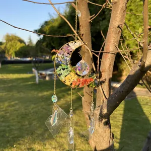 Dettaglio di un acchiappasole a mezzaluna con cristalli colorati appeso a un ramo d'albero