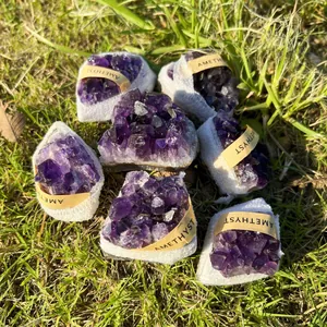 Vue détaillée de grappes de cristaux d'améthyste naturelle sur de l'herbe verte