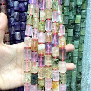 Close-up of 12x16mm multi-colored natural crystal barrel beads for DIY jewelry