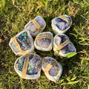 Ensemble de spécimens de géodes de cristal d'améthyste naturelle sur de l'herbe verte