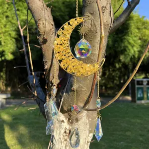 Dettaglio ravvicinato di acchiappasole luna in cristallo con prismi colorati