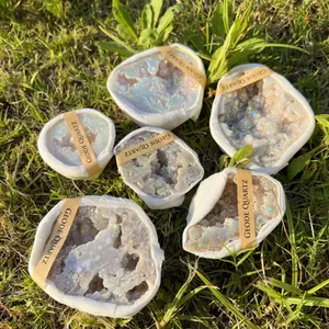Gros plan détaillé de six amas de quartz géode irisés avec étiquettes sur l'herbe verte.