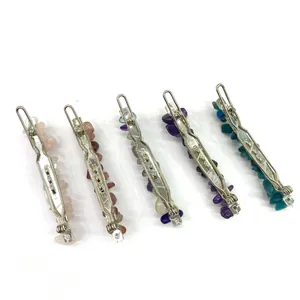 Set of five silver barrettes decorated with colorful irregular natural crystal stone chips