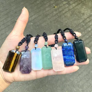 Natuurlijk Kristal Hanger Halsketting Gefacetteerde Rechthoek Steen Helende Energie Steen Met Handgemaakt Gevlochten Touw Unisex Sieraden