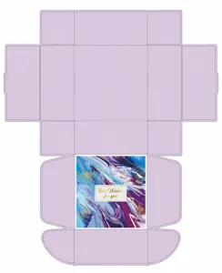 Detailed layout of a purple foldable gift box with a marble pattern and golden text.