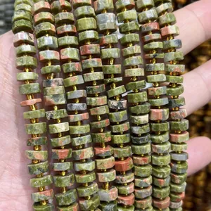 Detailed view of 4x8mm faceted Unakite stone abacus beads for handmade jewelry DIY