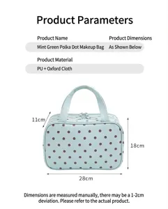 Dimensions détaillées de la trousse de toilette menthe à pois en PU et tissu Oxford