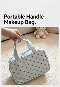 Trousse de maquillage vert menthe à pois avec grande capacité et poignée pratique