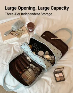 Vue détaillée du sac à maquillage à pois menthe montrant sa grande capacité de rangement triple