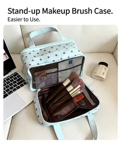 Vue détaillée de la trousse à maquillage à pois menthe avec compartiments pour pinceaux.