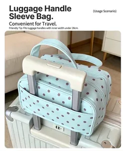 Détail du sac à cosmétiques menthe montrant le passant pour poignée de valise.