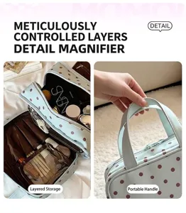Vue détaillée de la trousse de maquillage à pois avec compartiments et poignée.