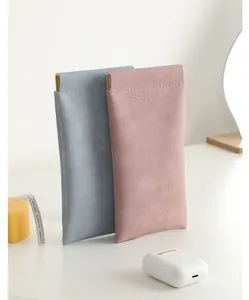 Portable automatic closing soft faux leather eyewear pouches in blue and pink