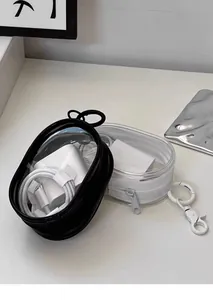 Detailed view of portable transparent PVC cable and charger storage pouches on desk