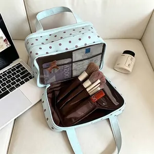 Grande trousse de maquillage à pois vert menthe avec compartiments pour pinceaux
