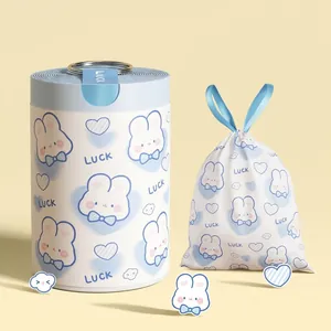Detailed view of cute cartoon rabbit print drawstring garbage bag and dispenser