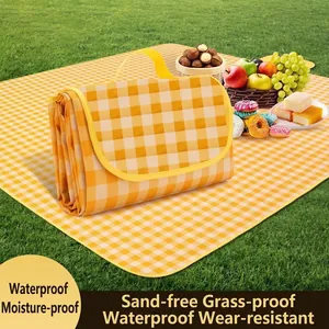 Portable waterproof yellow checkered picnic blanket for outdoor camping and grass use