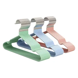 Non-slip dipped plastic clothes hangers in green, blue, and pink
