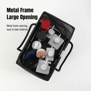Bolsa de ducha de malla negra con marco de metal para almacenamiento en el baño