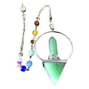 Natural green crystal hexagonal column pyramid pendulum with seven colorful chakra beads