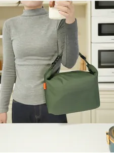 Macro view of a portable green insulated lunch bag held by a person in a home kitchen setting