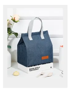 Insulated blue cationic lunch bag with gray handles shown in a clean lifestyle setting.