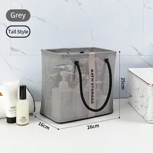 Bolsa de baño de malla gris para artículos de tocador con asas de cuerda negra y grande