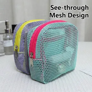 Bolsas de cosméticos de malla portátiles en colores dopamina para organizar artículos de viaje
